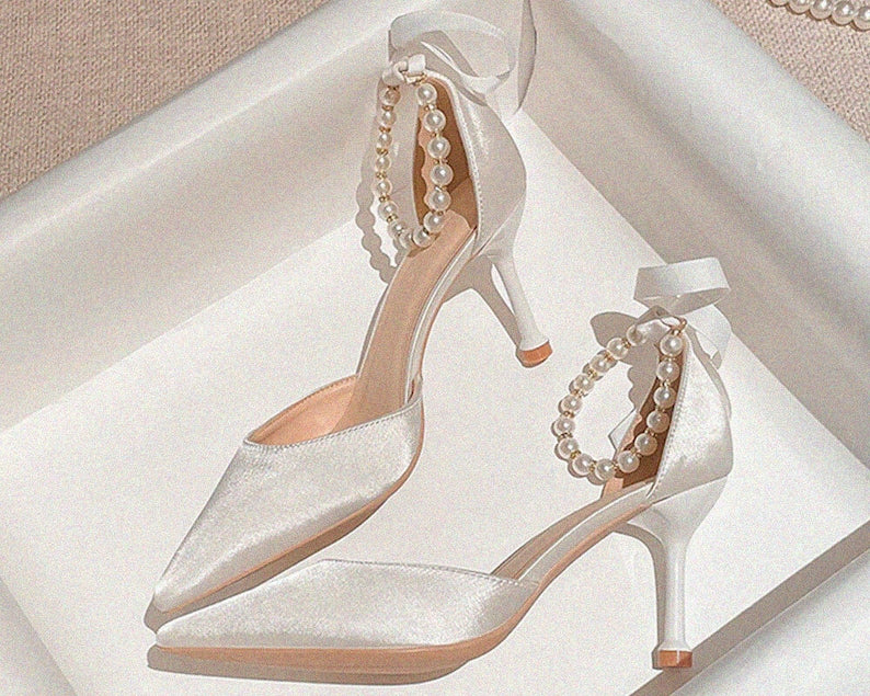 New Fashion Women's Pearl & Bow White Wedding Shoes