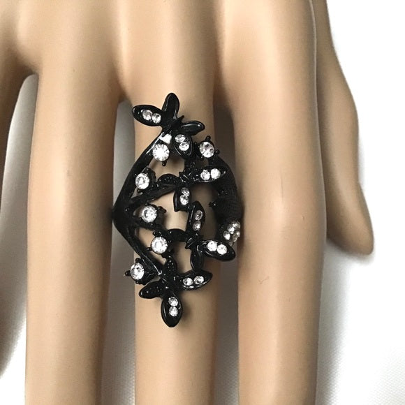 New Women's Black Butterfly with Crystals Ring