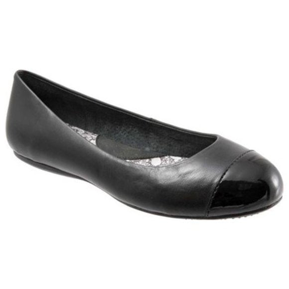 New Wide Black Dull Leather & Patent Flat Shoe